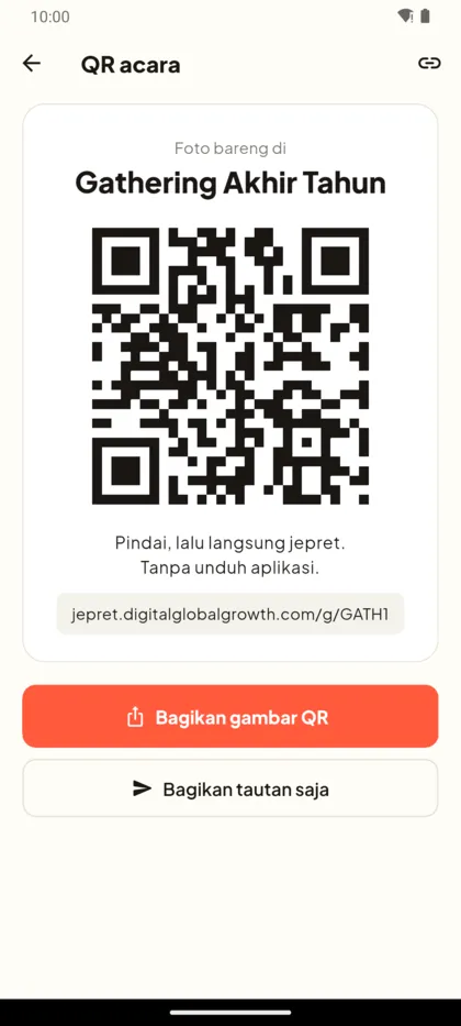 The event QR screen, ready to print or share.